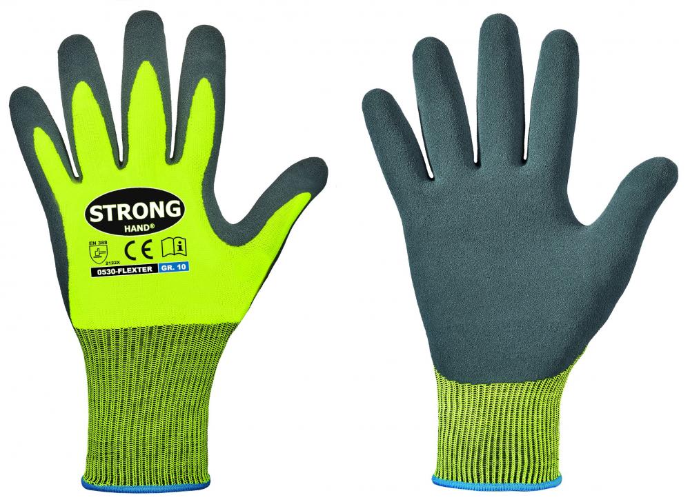FLEXTER* STRONGHAND®, POLYESTER / LATEX, GELB / GRAU, CAT 2 / Gr. 7 – Helmut Schultz Gesellschaft für Vermessungstechnik mbH