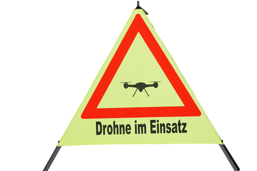 Warnpyramide / Faltsignal, Höhe 90 cm, gelb retroreflektierend, Text "Drohne im Einsatz"