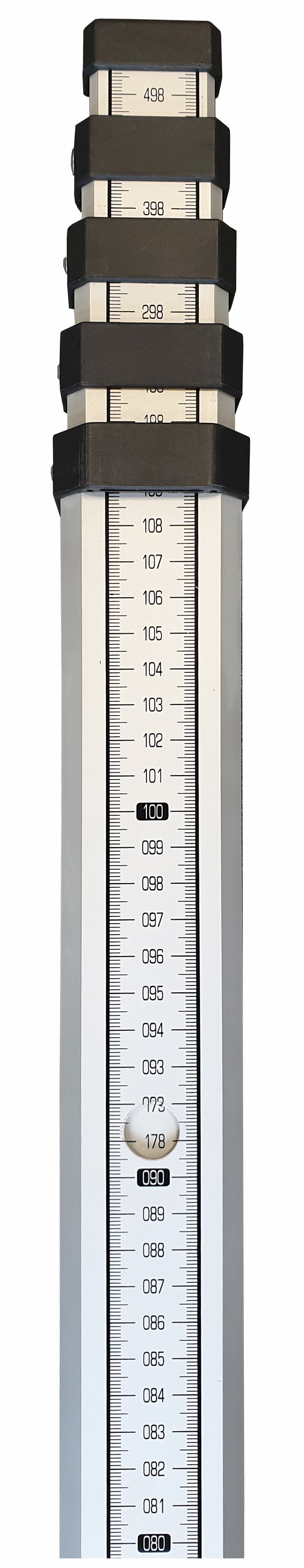 Teleskop-Nivellierlatte, Aluminium, Kunststoff-Knopf, von 1,22 m auf 5,0, Rückseite NULLPUNKT unten