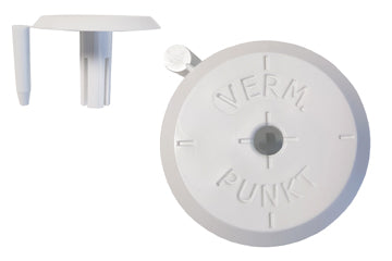 1/2"-Kunststoffkappe fester Splint, weiß, 60 mm, Aufschrift "VERM.-PUNKT"